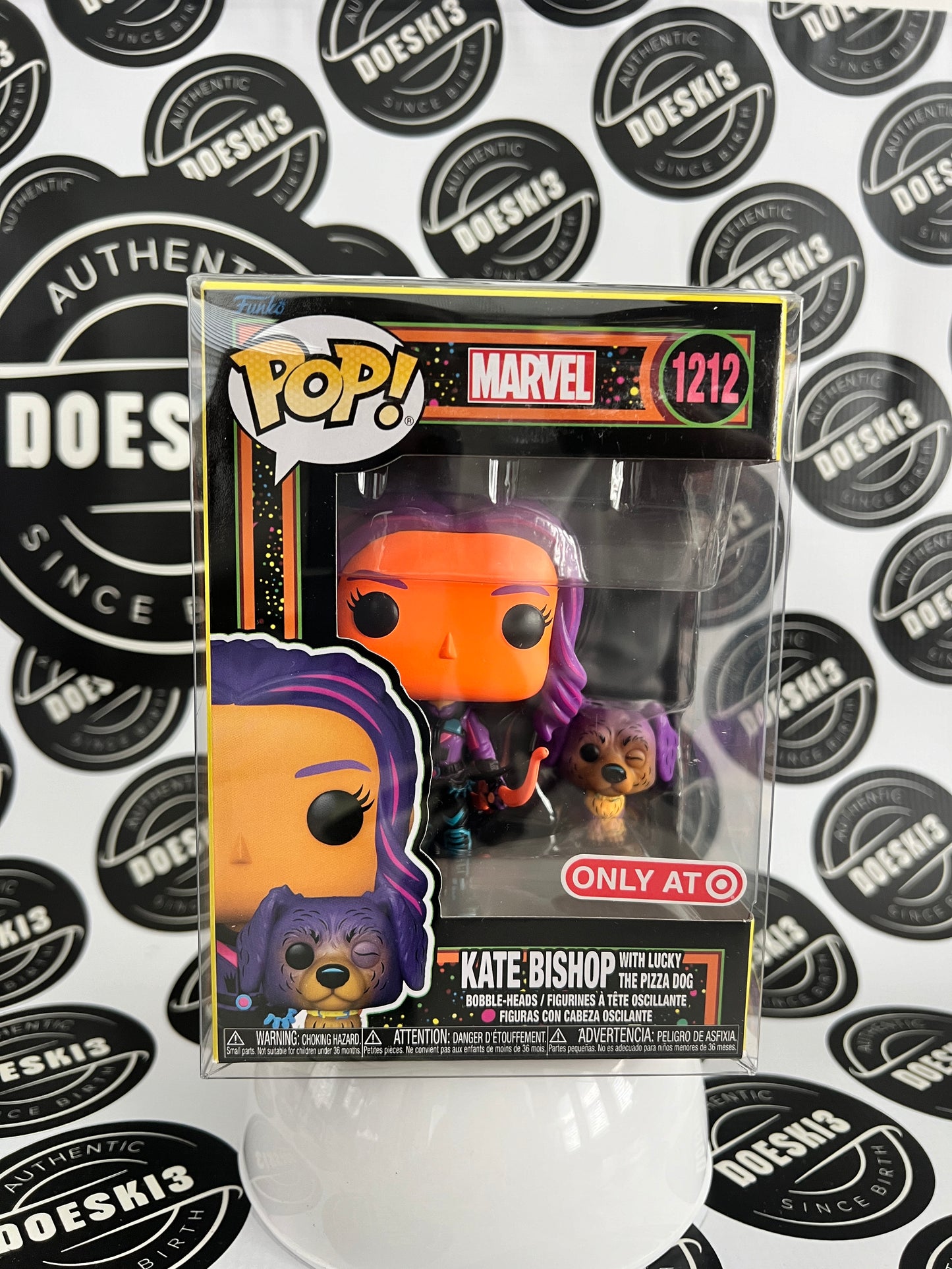 Funko Pop Marvel #1212 Black Light Kate Bishop with Lucky the Pizza Dog Target Exclusive W/Protector