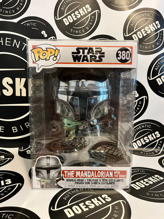 Funko Pop! Star Wars The Mandalorian With The Child #380 10" Inch (Chrome) W/Protector